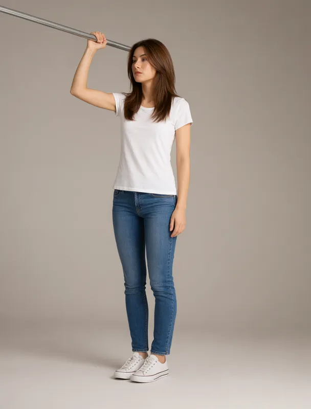 standing and holding a ladder rung at head height with one hand by qwen image 2.1