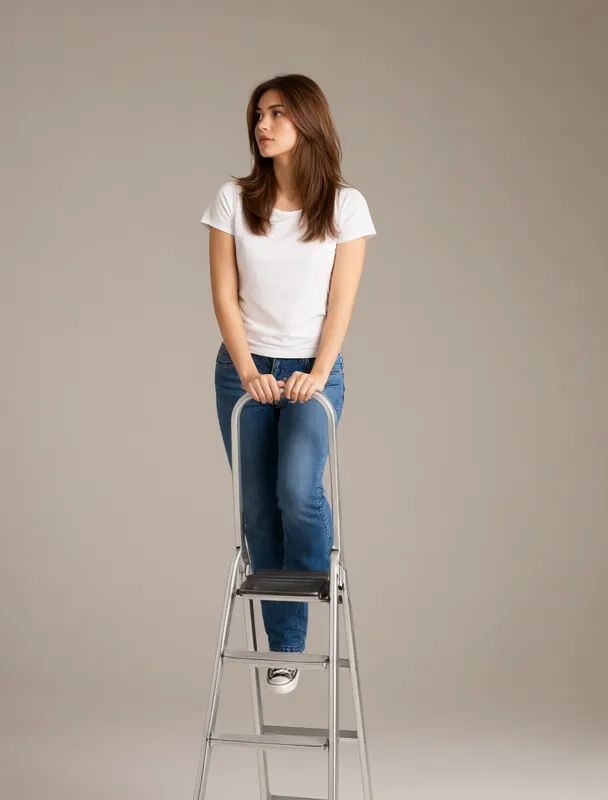 standing and holding a ladder rung with both hands by qwen image 2.1