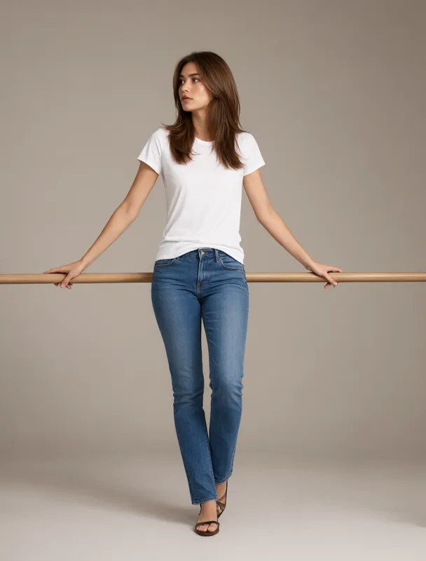 standing and holding a waist high horizontal railing with one hand by qwen image 2.1
