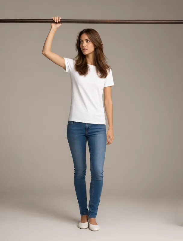 standing and holding an overhead horizontal bar with one hand by qwen image 2.1
