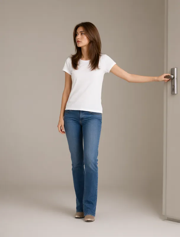 standing and pulling a door handle with one arm extended by qwen image 2.1