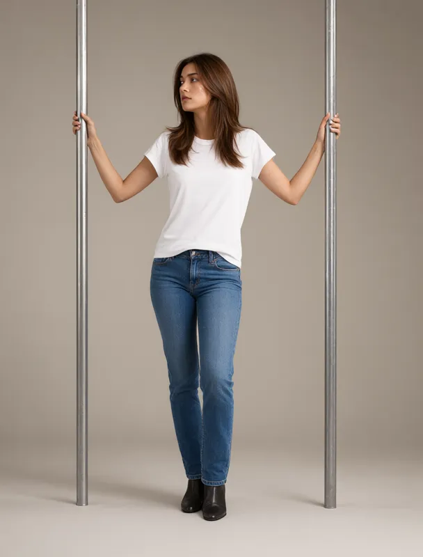standing between two vertical metal poles holding one in each hand by qwen image 2.1
