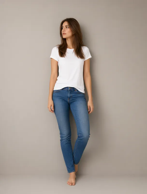 standing with one foot flat against the wall behind her by qwen image 2.1