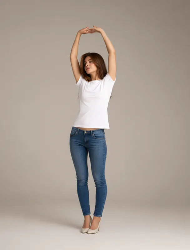 stretching with her arms raised overhead by qwen image 2.1