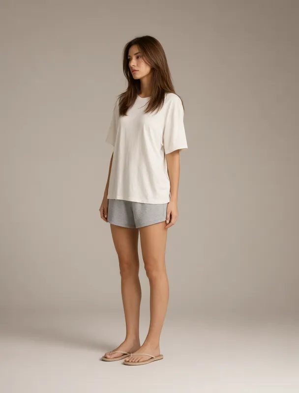 oversized t shirt with sleep shorts by qwen image 2.1