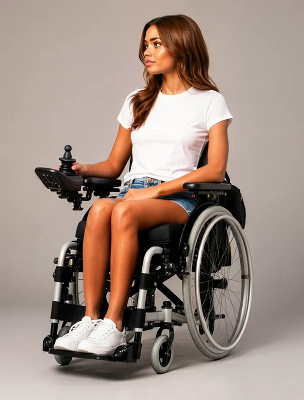 sitting in a power wheelchair with a joystick control by moss image sft