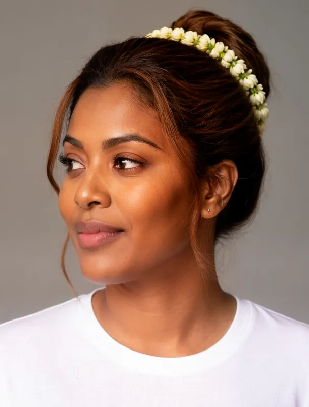 bun wrapped in a gajra jasmine garland by moss image sft