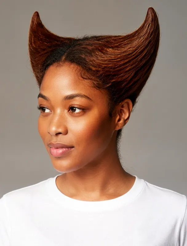 hair sculpted into wide horn like wings by moss image sft