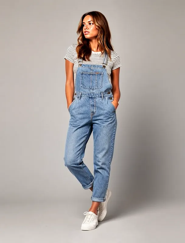 denim overalls with a striped tee by moss image sft