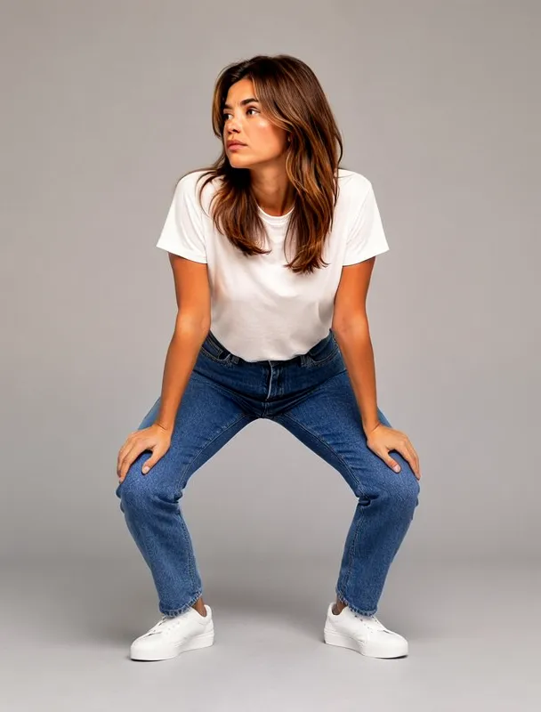 in a half squat with her hands on her thighs by moss image sft