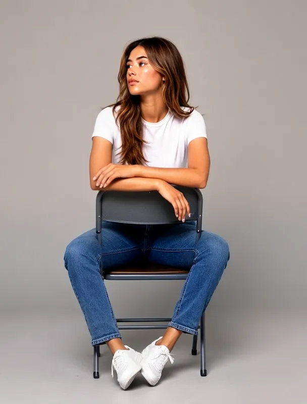 sitting backwards on a chair with her arms folded on the backrest by moss image sft