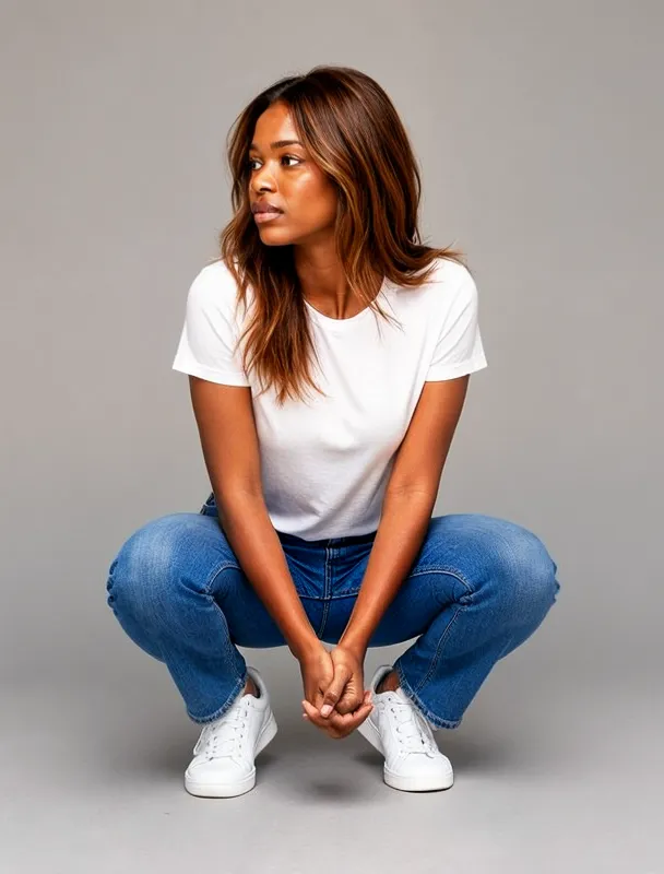 squatting with her hands clasped between her knees by moss image sft